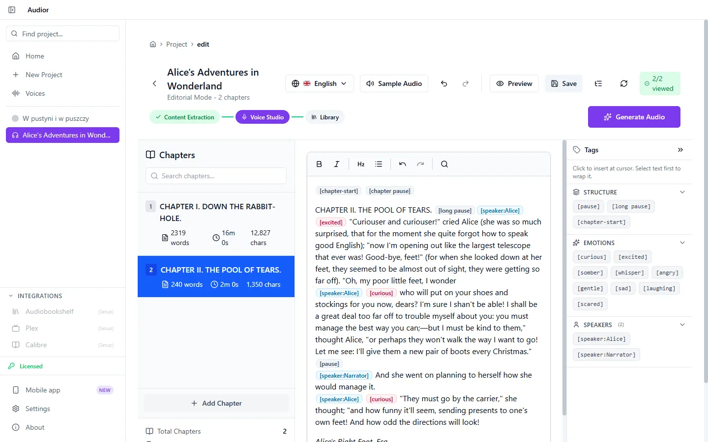 The editor in edit mode on Chapter II, with the formatting toolbar, the chapter list and the tag panel.