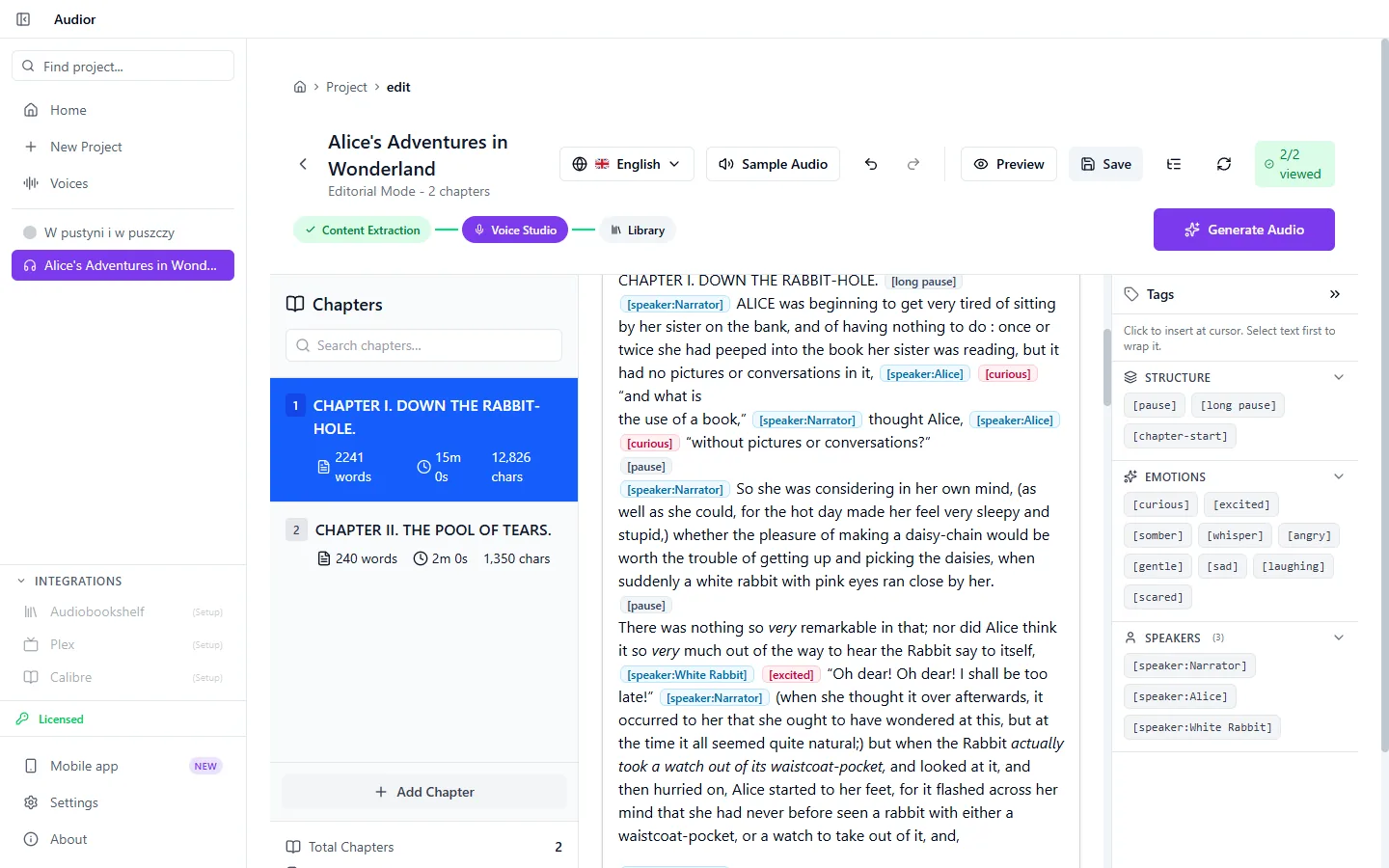 Chapter I in the editor with speaker and emotion tags in the text, such as the White Rabbit's excited line, and the tag panel listing structure, emotions and speakers.