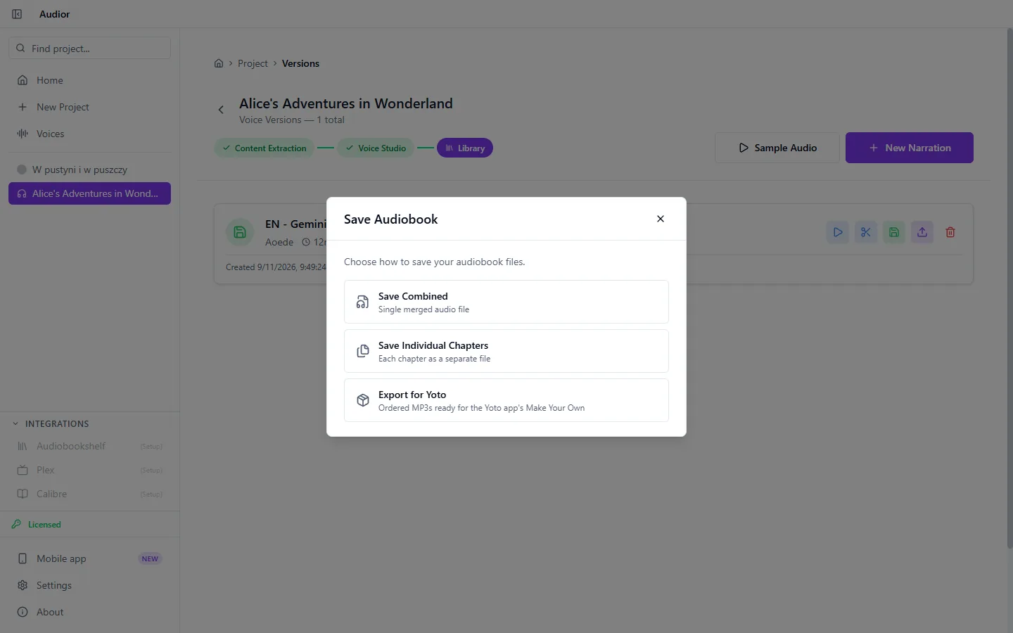 The Save Audiobook dialog: one merged file, one file per chapter, or ordered MP3s for the Yoto app.
