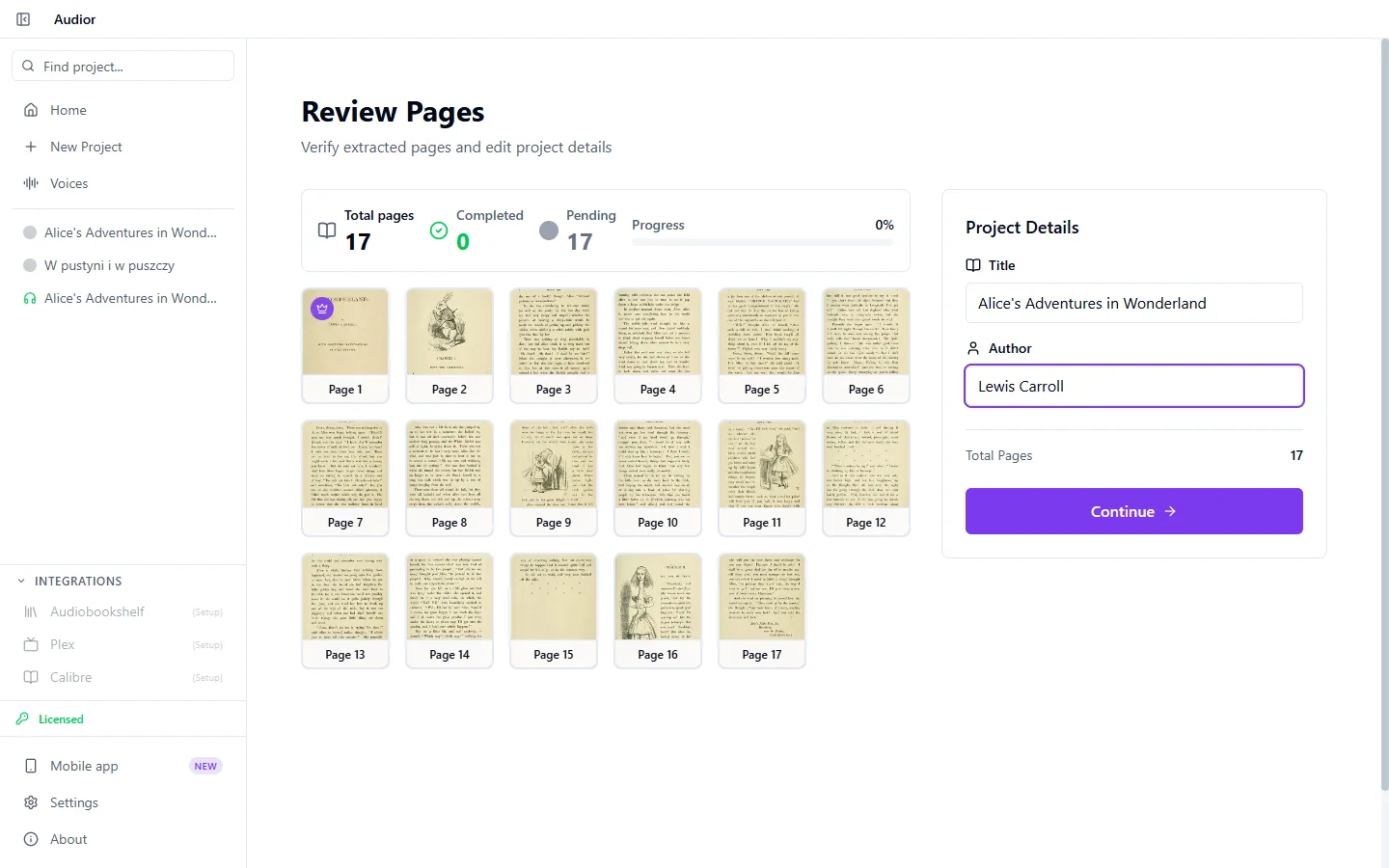 Audior Desktop's Review Pages screen: seventeen scanned pages of the 1866 edition of Alice's Adventures in Wonderland as thumbnails, with the title and author filled in.