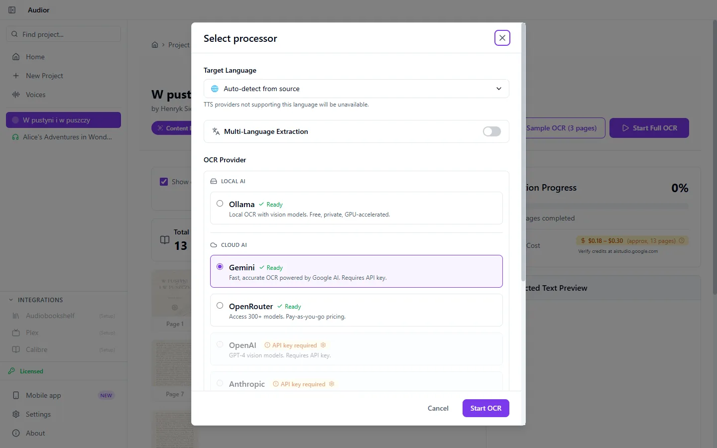 The OCR provider picker with Ollama listed under Local AI as ready, above the cloud providers.