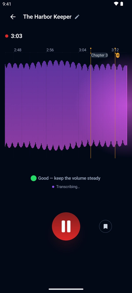 Recording screen with the waveform and level meter
