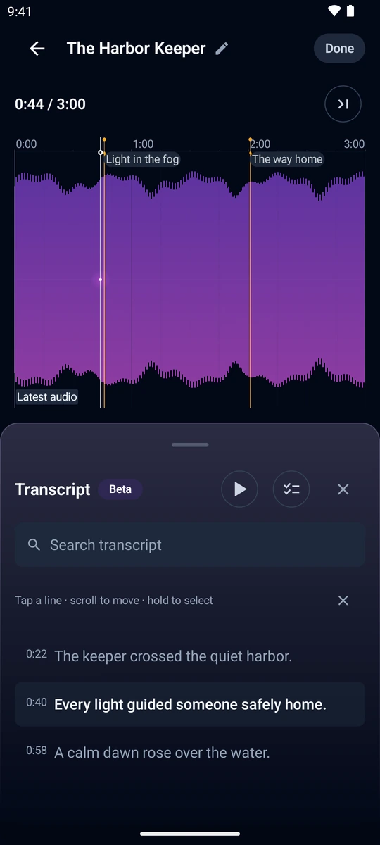 Transcript synced to the waveform