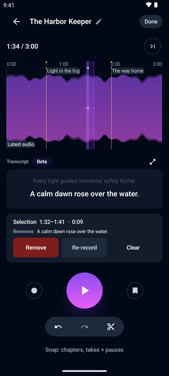 A selection on the waveform with remove and re-record buttons