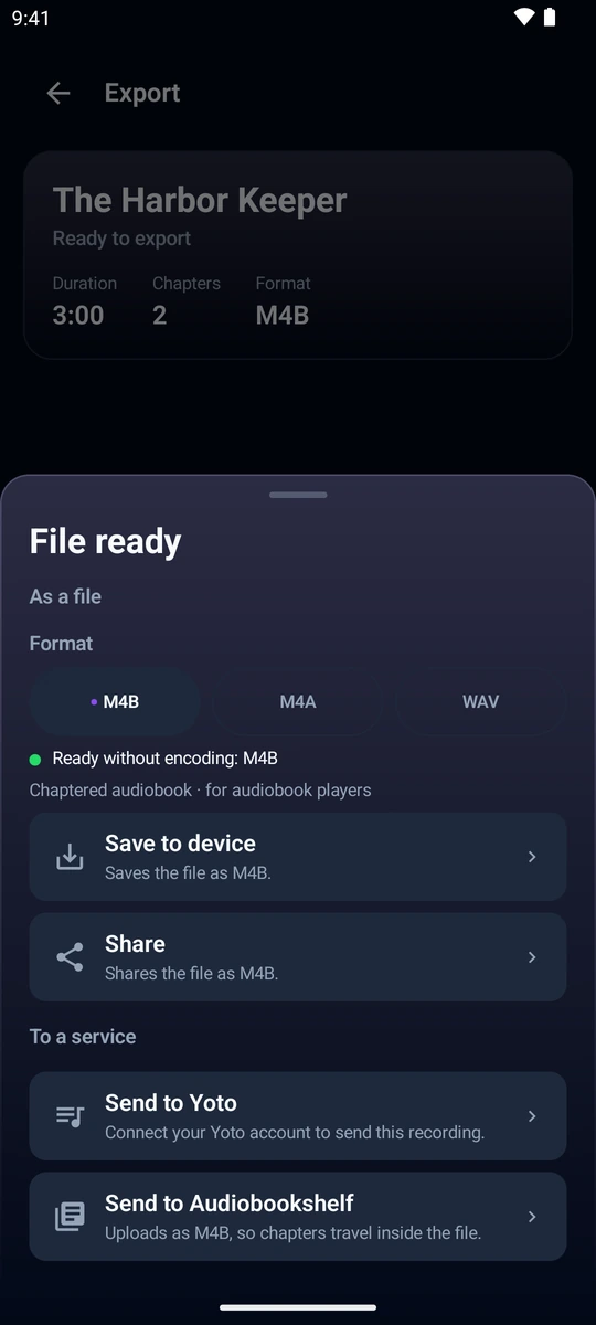 Export screen with the M4B format and sharing options