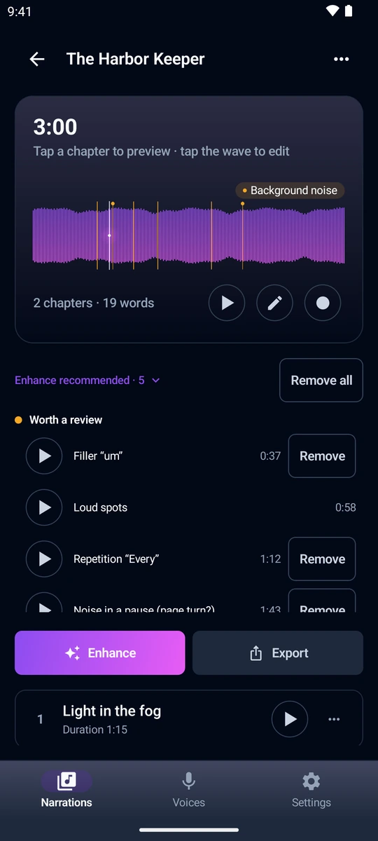 List of detected spots: fillers and repetitions with a remove button