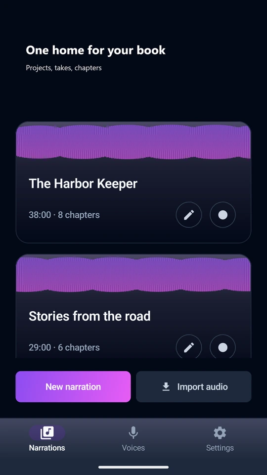 Your whole book in one place: projects, takes, chapters